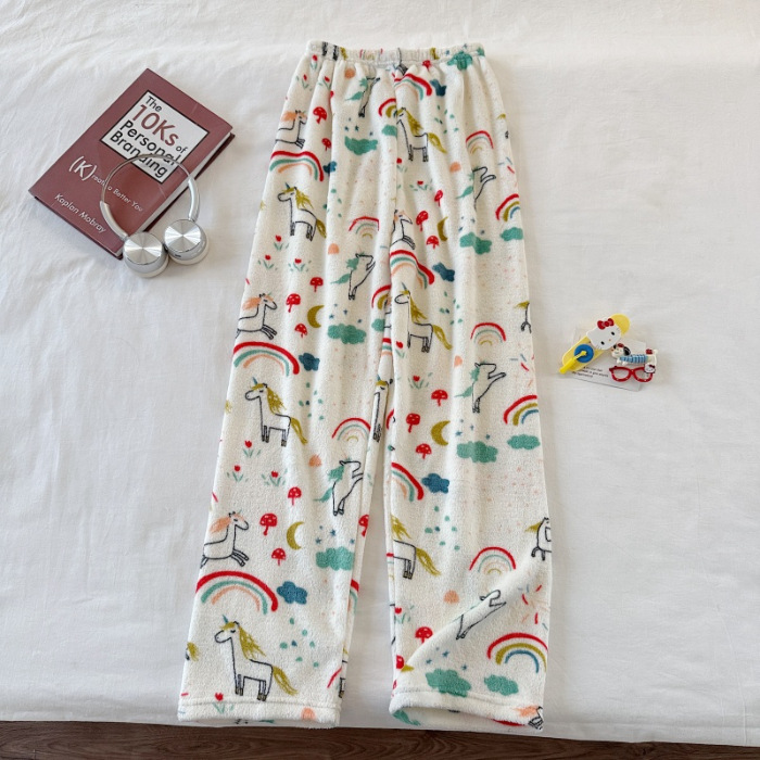 Invierno nuevo pantalones cálidos de franela estilo de caricatura coreano para mujeres más grueso y terciopelo cálido para el hogar pijamas de lana se pueden usar fuera