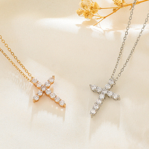 Cross-border new full diamond cross necklace women's European and American style creative design geometric clavicle chain punk hip-hop neck chain