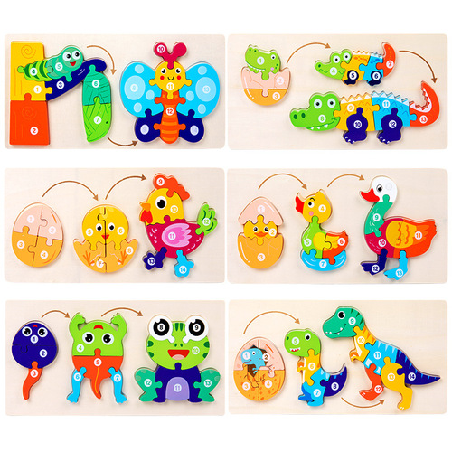 Wooden animal growth and evolution three-dimensional puzzle 0.2 baby puzzle 0-3 years old early education cognitive intelligence development toy