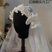 仙美法式复古民国风手工花朵头纱串珠造型新娘浪漫婚纱影楼配饰品