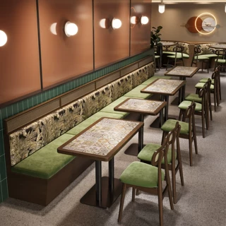 定制新中式风湘菜馆靠墙卡座沙发主题餐厅烤肉火锅店岩板桌椅组合