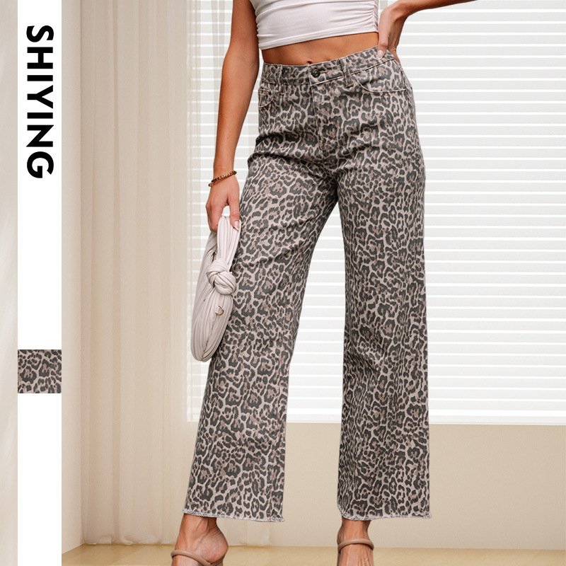 Trendy European and American Cross-Border Elegant High-Waisted Retro Leopard Print Pocket Denim Straight Pants Summer New Women's Bottoms