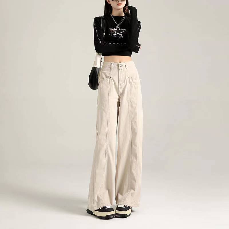 미국 야피 모래 흰색 도구 청바지 여성의 봄과 가을 유행 높은 허리 슬리밍 느슨한 직선 다리 넓은 다리 바지