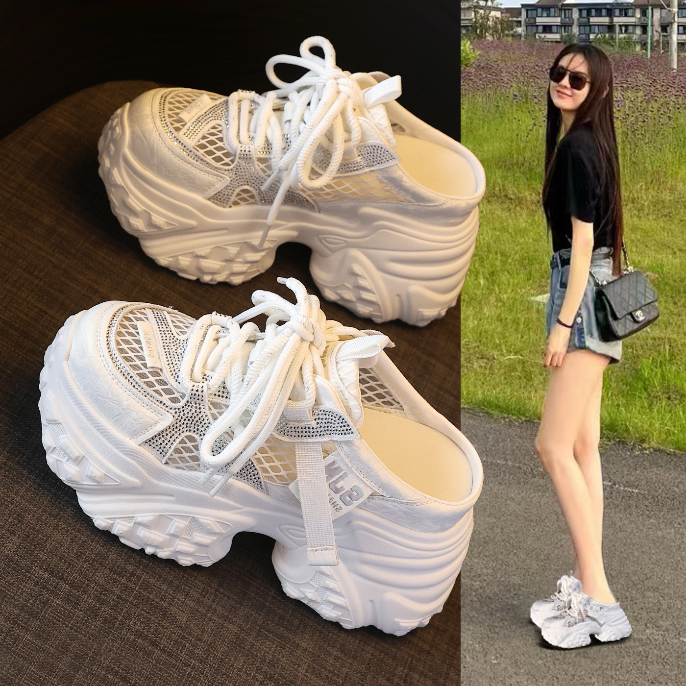 Giày sneaker nữ đế dày chunky thiết kế mũi trùm họa tiết thiên nga đen — màu trắng, bạc