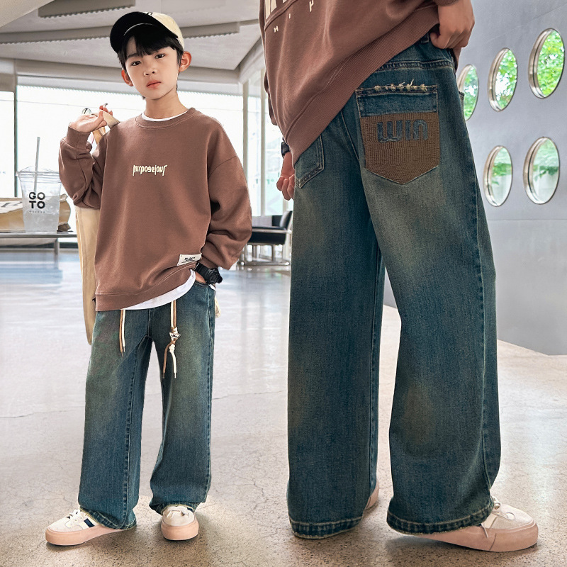 Z1030-早阳童2024春季新款中大童时髦宽松舒适阔腿简约牛仔裤男童