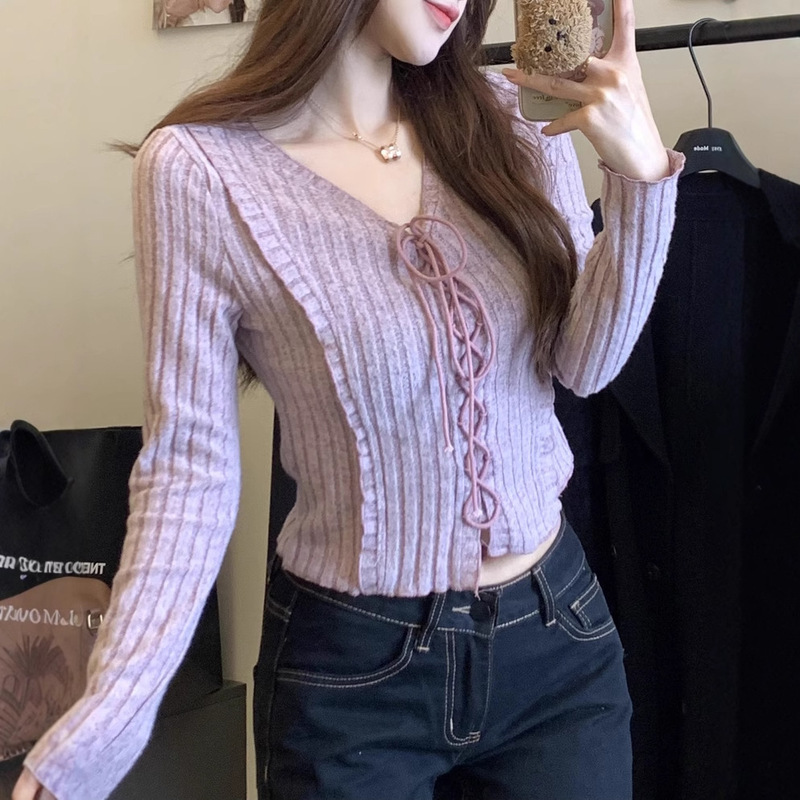 Sweet Spice Girl V-neck Strap Long Sleeve Knitted Sweater Women's Autumn New Ear Stitching Short Slim Niche Top