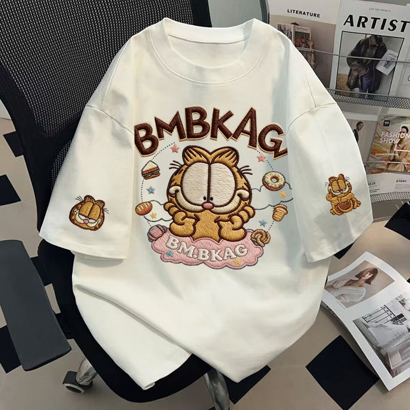 Pure Cotton White Short-Sleeved T-Shirt, New Style Cute Cat Design, Niche American-Style Loose-Fitting Top, Base Shirt