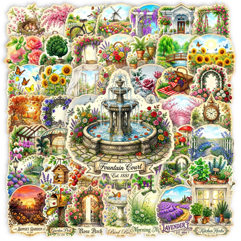 50 Pieces of Retro European-Style Garden Scenery Stickers, Ins-Style Pastoral Garden Flowers and Green Plants Pet Transparent Decorative Stickers 50 Pieces of Retro European-Style Garden Scenery Stickers, Ins-Style Pastoral Garden Flowers and Green Plants Pet Transparent Decorative Stickers