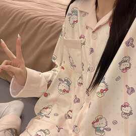 德绒睡衣女秋冬季长袖宽松2025开衫保暖家居服KT猫套装可外穿萌趣