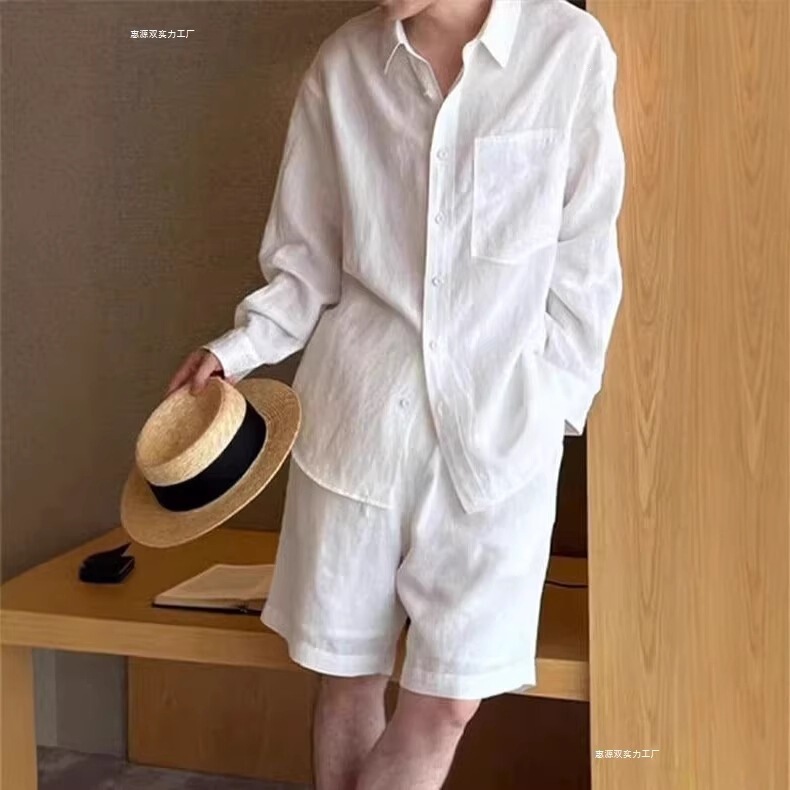 French-Style Old Money Cotton-Linen Shirt Set for Men, Thin and Breathable, with Pockets, Long-Sleeve Tencel Linen Work Shorts Set French-Style Old Money Cotton-Linen Shirt Set for Men, Thin and Breathable, with Pockets, Long-Sleeve Tencel Linen Work Shorts Set