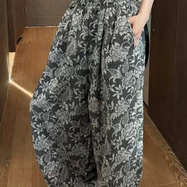 港风复古提花设计感直筒阔腿裤女秋季高腰休闲慵懒风宽松拖地长裤