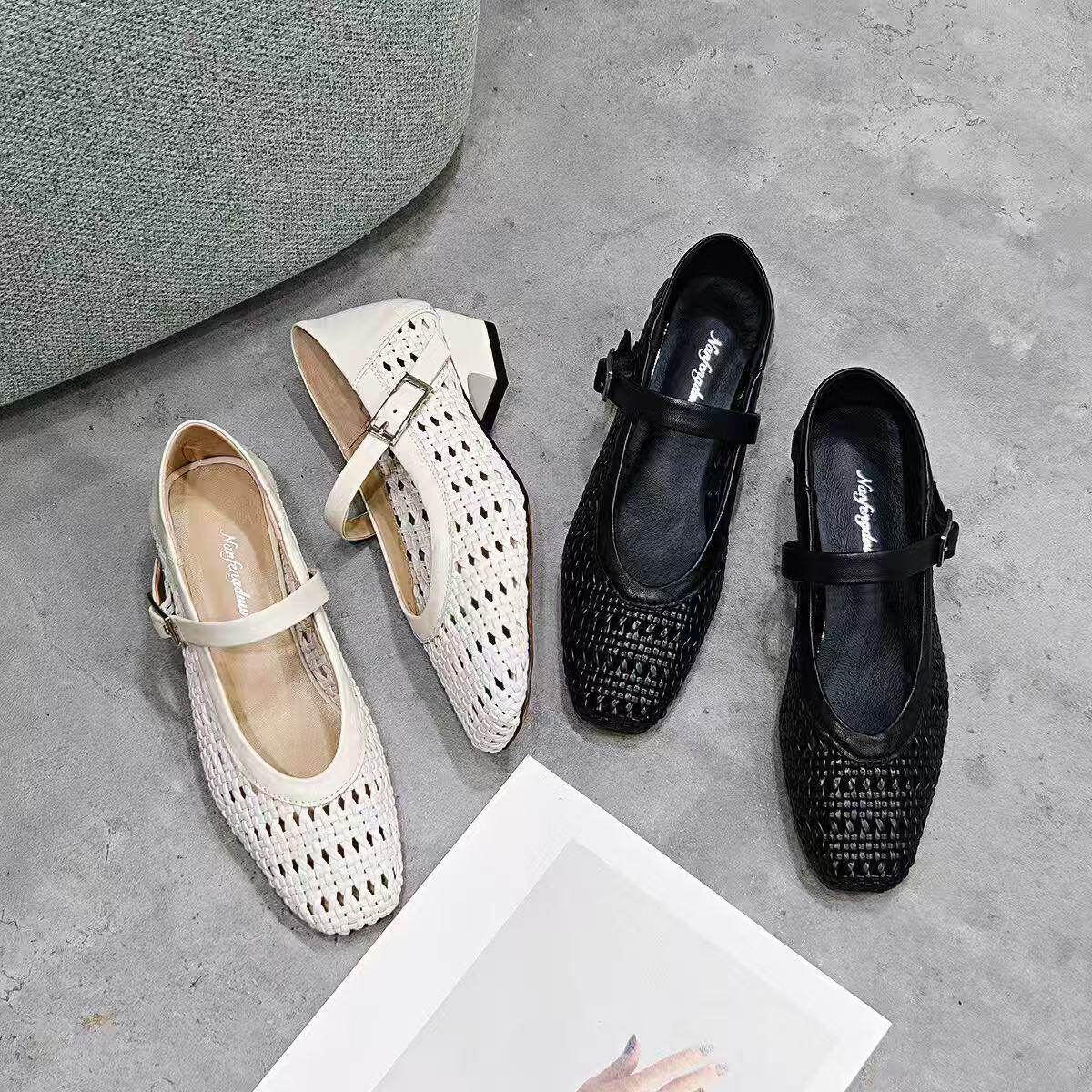 Sandal nữ da thật mũi vuông dệt rỗng gót thô thấp 4 cm — màu be chi tiết 9