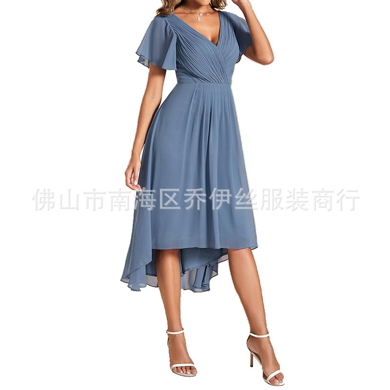 Cross-Border Amazon Women's Pleated V-Neck Backless Chiffon Dress Wedding Guest Banquet Party Dress Cross-Border Amazon Women's Pleated V-Neck Backless Chiffon Dress Wedding Guest Banquet Party Dress