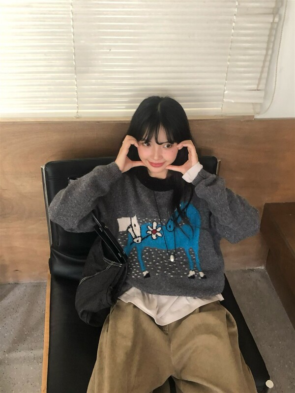 韩系少女卡通小马提花圆领套头毛衣女秋冬宽松时尚减龄针织衫上衣|undefined