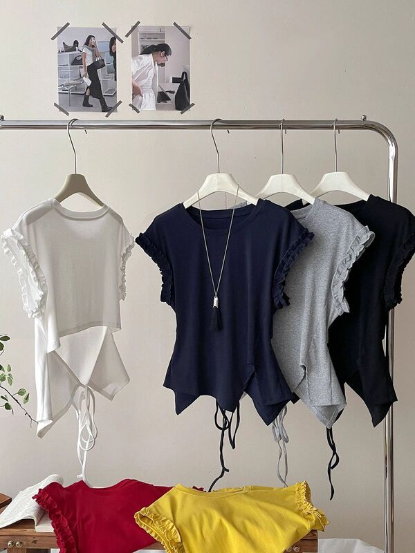 French-Style Backless Tie-Up Ruffle Sleeveless T-Shirt for Women, Summer Spicy Girl Pure Desire Irregular Versatile Top