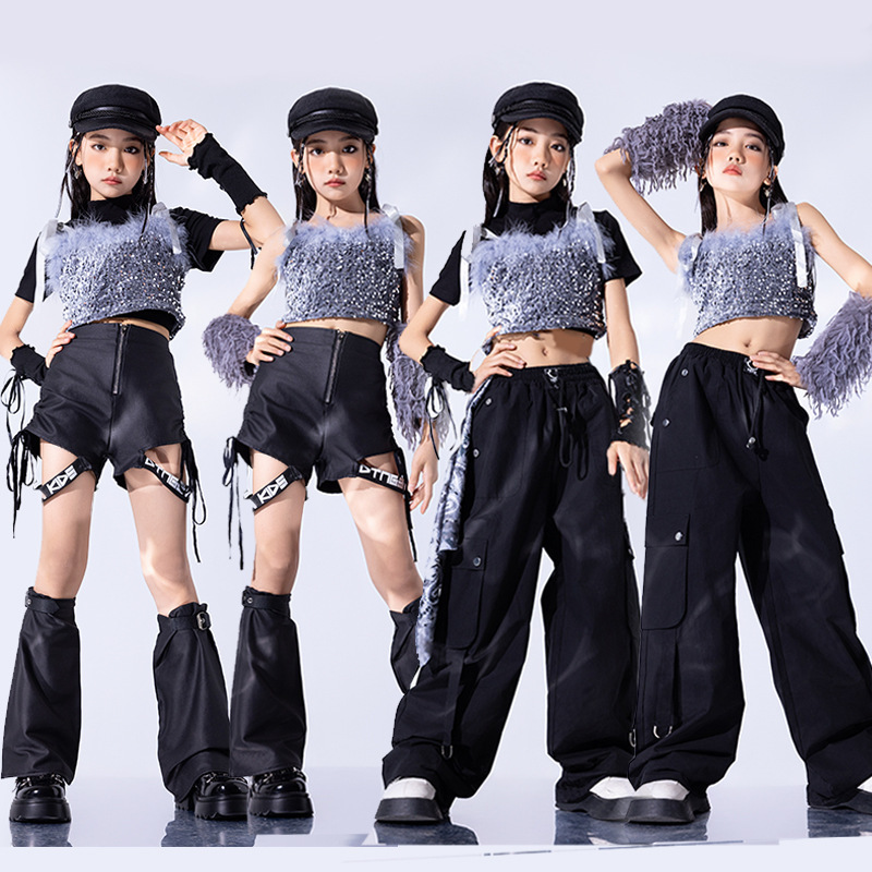 女童甜酷爵士舞亮片背心短裤套装儿童街舞走秀hiphop演出服套装潮