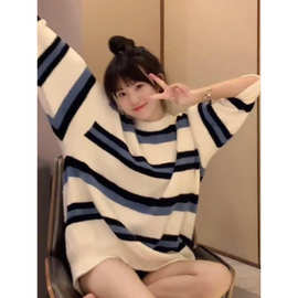 仿貂条纹软糯马海毛衣女秋冬新款小个子宽松温柔慵懒风针织外套