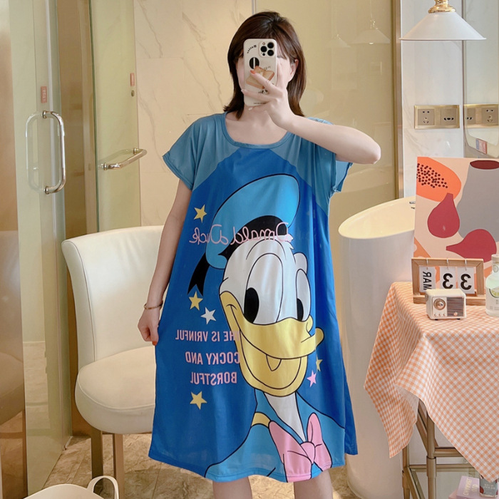 Camisón de las mujeres del verano Delgado manga corta nueva línea rojo estilo pijamas dibujos animados lindo señoras vestido flojo desgaste hogar