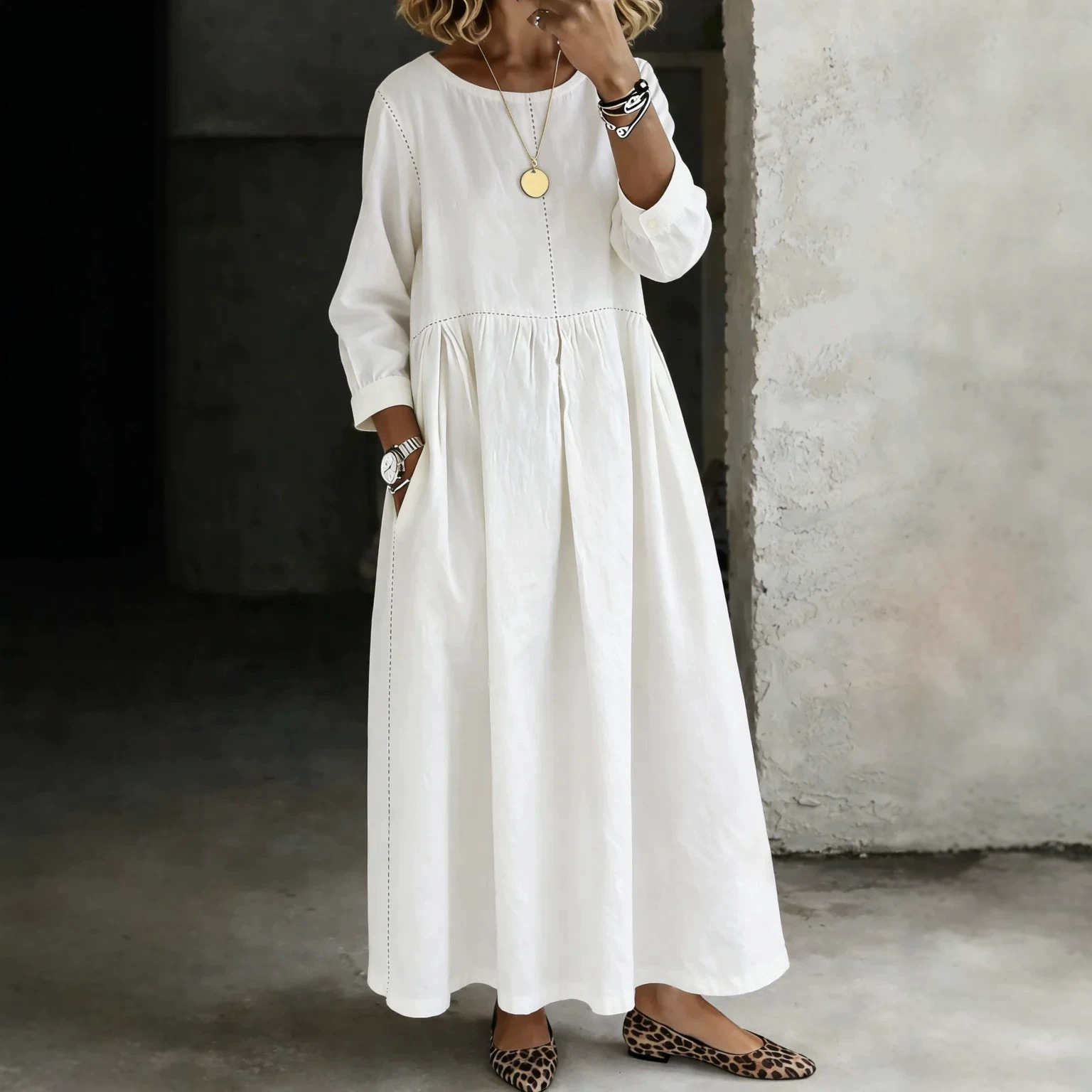 2026 New European and American Style Round Neck Denim Dress for Women, Mid-Length Loose Casual Long Dress, Cross-Border Fashion