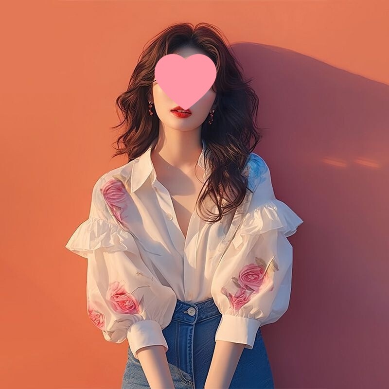 White Rose Print Ruffled Puff Sleeve Shirt Shirt Early Autumn Women's New Style Summer Top