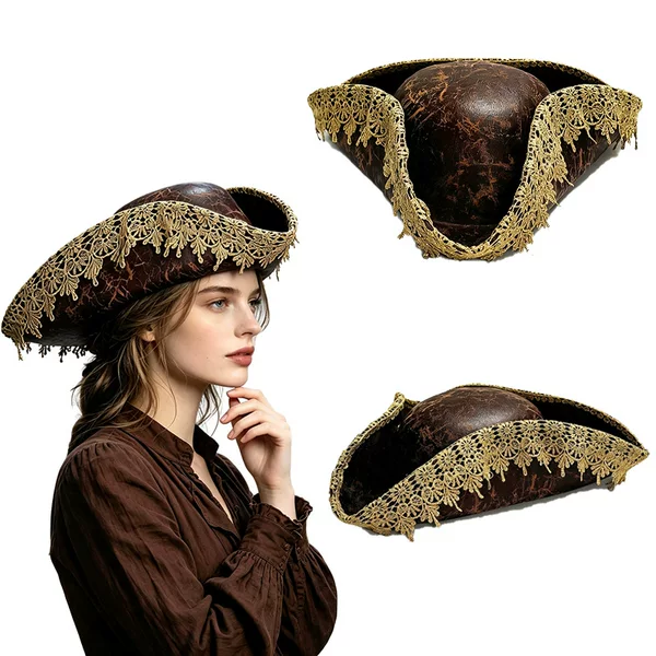New Halloween Brown Faux Leather Pirate Hat with Golden Lace Trim, Triangular Pirate Hat for Men and Women, Vintage Court Style