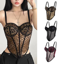 高级可外穿鱼骨胸衣内搭塑身上衣性感豹纹拼接文胸吊带感透视网纱