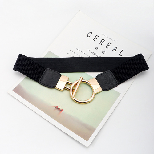 Summer belt for women with wide decorative girdle that can be worn with dresses, Korean style 4cm elastic metal round buckle waist ornament