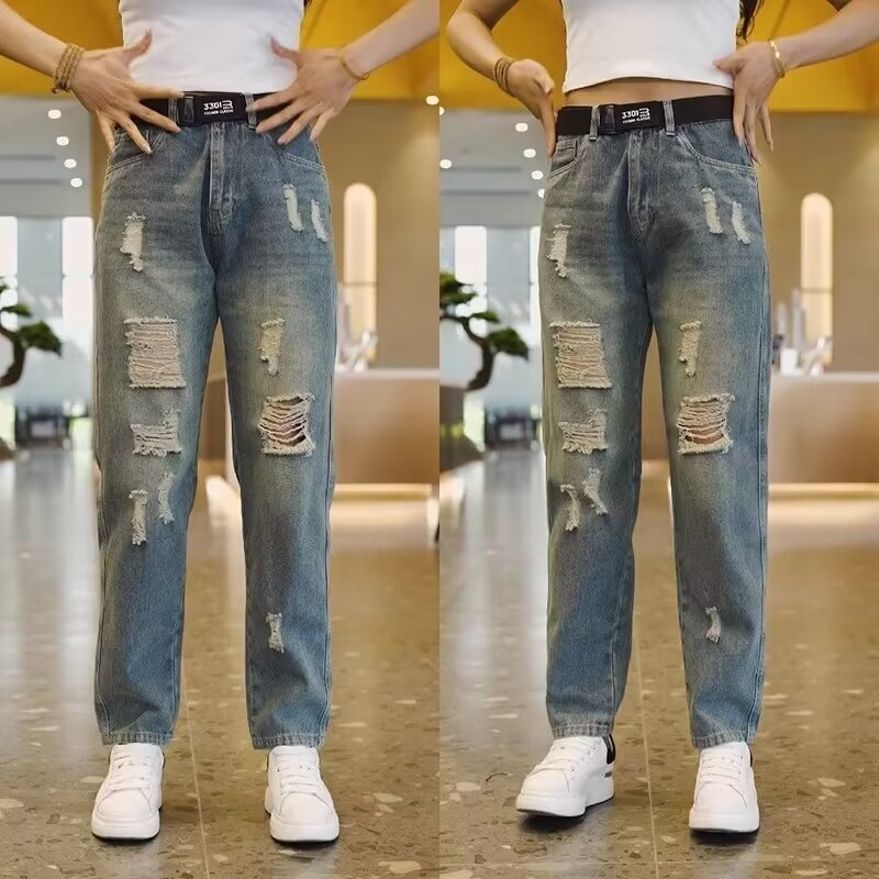 남성용 찢어진 청바지, 봄 여름 핸섬 스트레이트 팬츠, 트렌디 브랜드, 활용도 높은 루즈한 9부 팬츠, 내마모성 워싱 캐주얼 팬츠