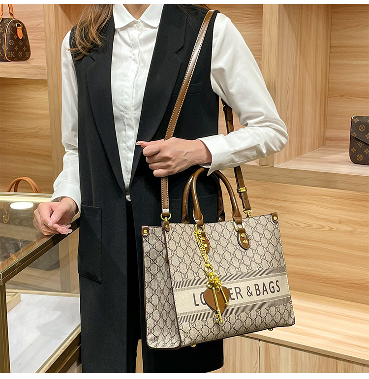 Túi tote da thật nữ xách tay đeo chéo sức chứa lớn — Màu kaki chi tiết 2