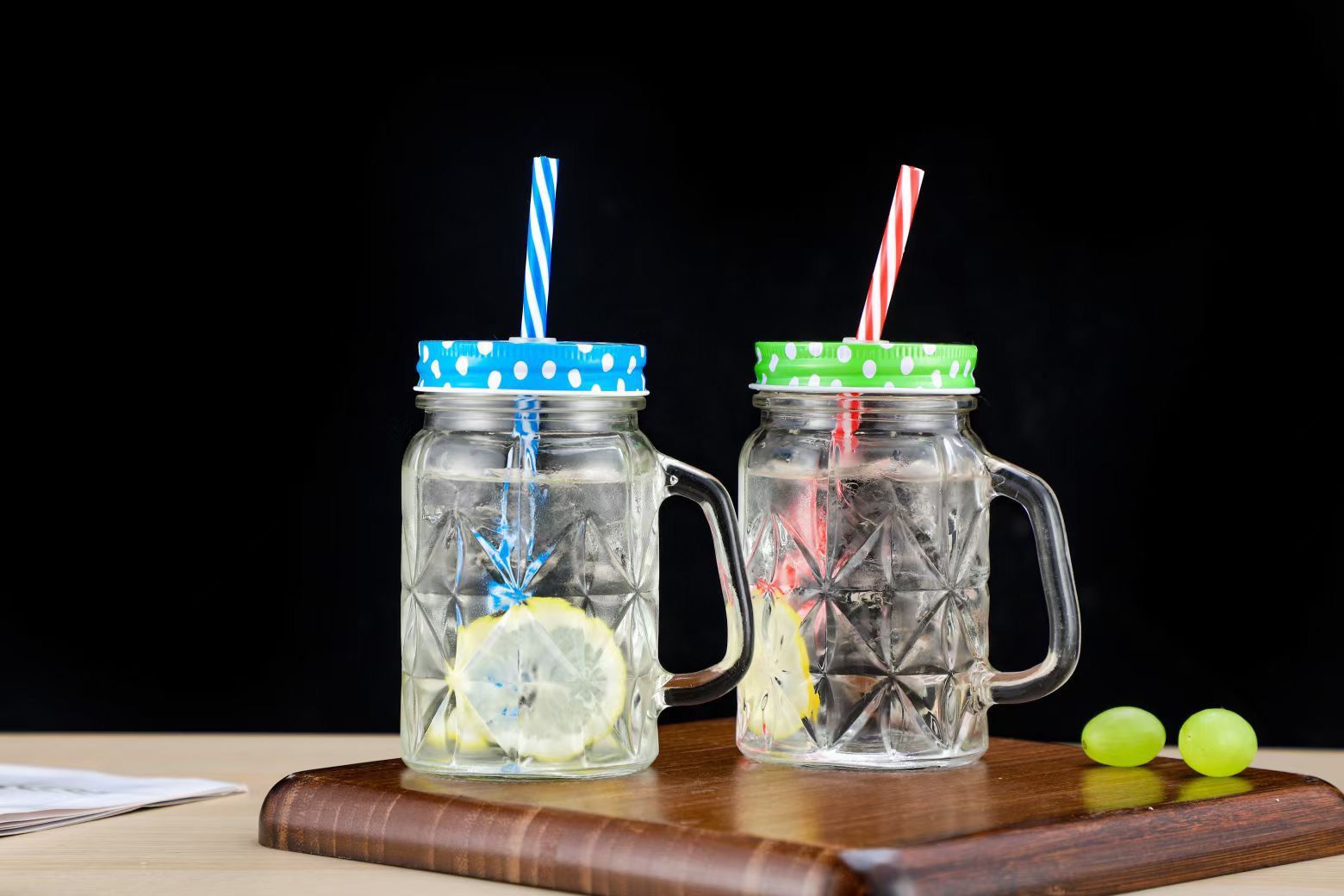 新款钻石菱形复古透明玻璃把手杯浮雕梅森杯果汁燕窝果酱饮料瓶