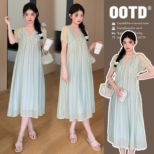 Real Shot 2024 Summer Simple V-neck Striped Long Dress