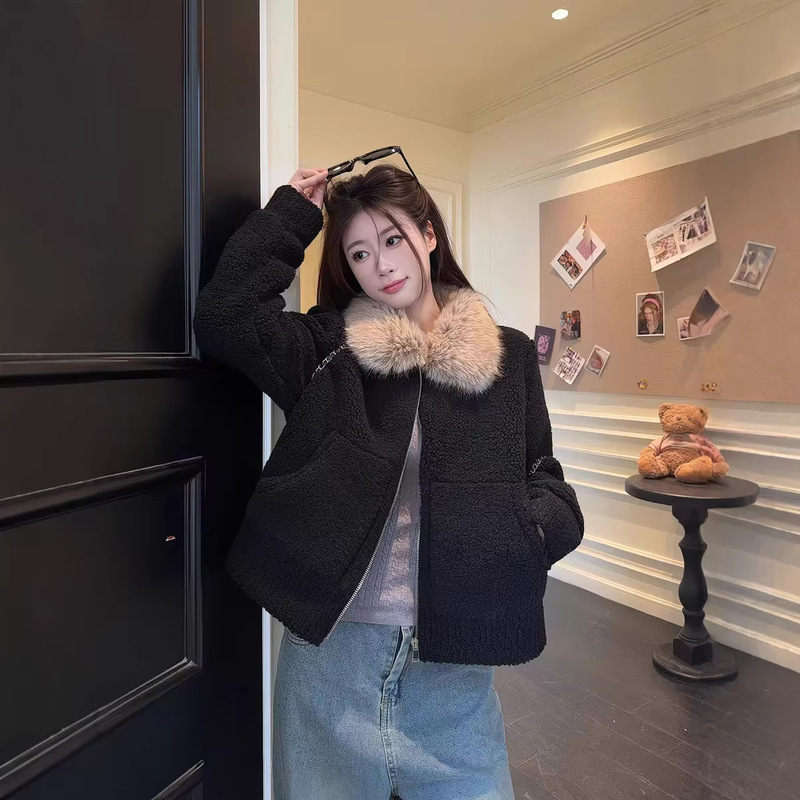 【Direct Sales from the Manufacturer, Customizable】Women's New Autumn and Winter Faux Shearling Coat with Fur Collar, Composite Genuine Super Coat