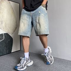 夏のアメリカンカジュアルハンサムレトロダメージ加工デニムショートパンツメンズルーズハイストリート万能5点パンツトレンディ