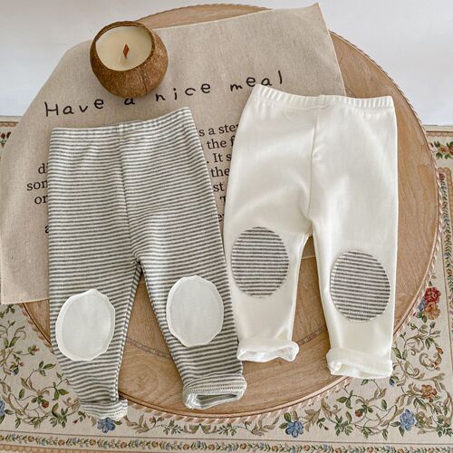 ins  new autumn clothing infants and young children men and women baby patch patch leggings striped versatile pants