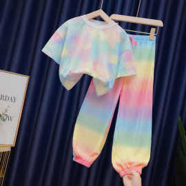 女童彩虹裤套装2025新款夏装薄扎染t中大童女孩两件套潮夏季新款