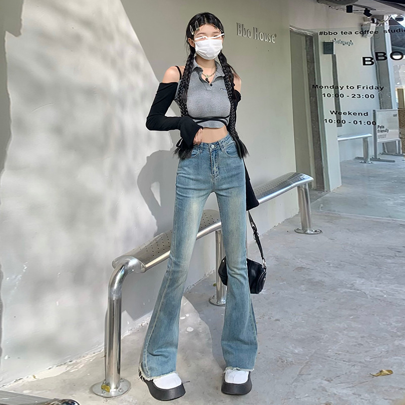 微喇牛仔裤女复古高腰弹力修身毛边喇叭裤秋冬韩版显瘦高个子长裤