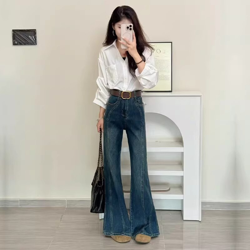 Flared Jeans for Women That Don'T Hug the Legs, New Spring, Autumn, and Winter Style, High-Waisted, Slimming, Stretchy, Trendy, Petite-Friendly, with a Unique Design and Floor-Length Flared Jeans for Women That Don'T Hug the Legs, New Spring, Autumn, and Winter Style, High-Waisted, Slimming, Stretchy, Trendy, Petite-Friendly, with a Unique Design and Floor-Length