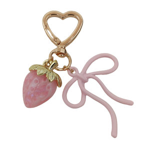 Fuchsia creative keychain with bow, cute strawberry, fashionable accessory, pendant, new collection, simple and elegant design