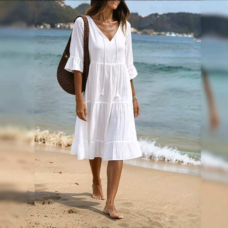 2026 Model Cross-Border European and American Independent Station Layered Fringe Decoration A-Line Loose Dress Vacation Mid-Length Dress