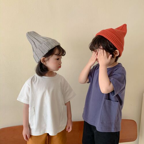  new summer Korean style casual boys and girls pocket short-sleeved T-shirt solid color casual baby T-shirt loose