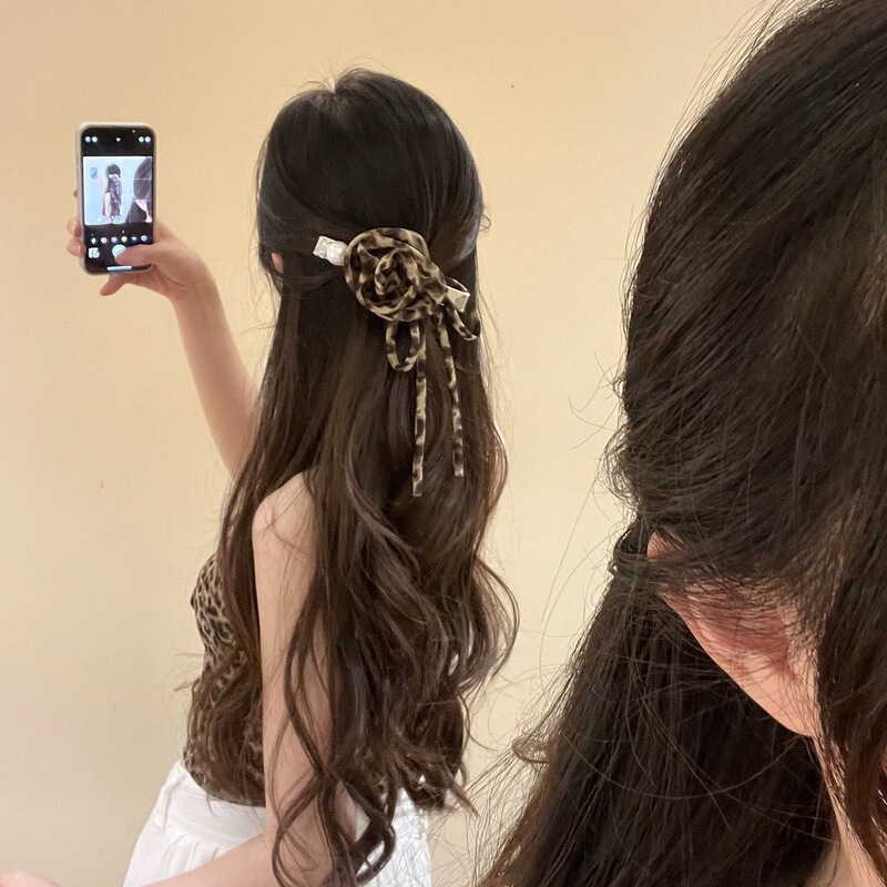 高智欧妮~豹纹玫瑰绑带大压发夹女小众设计发夹后脑勺鸭嘴夹发饰|undefined