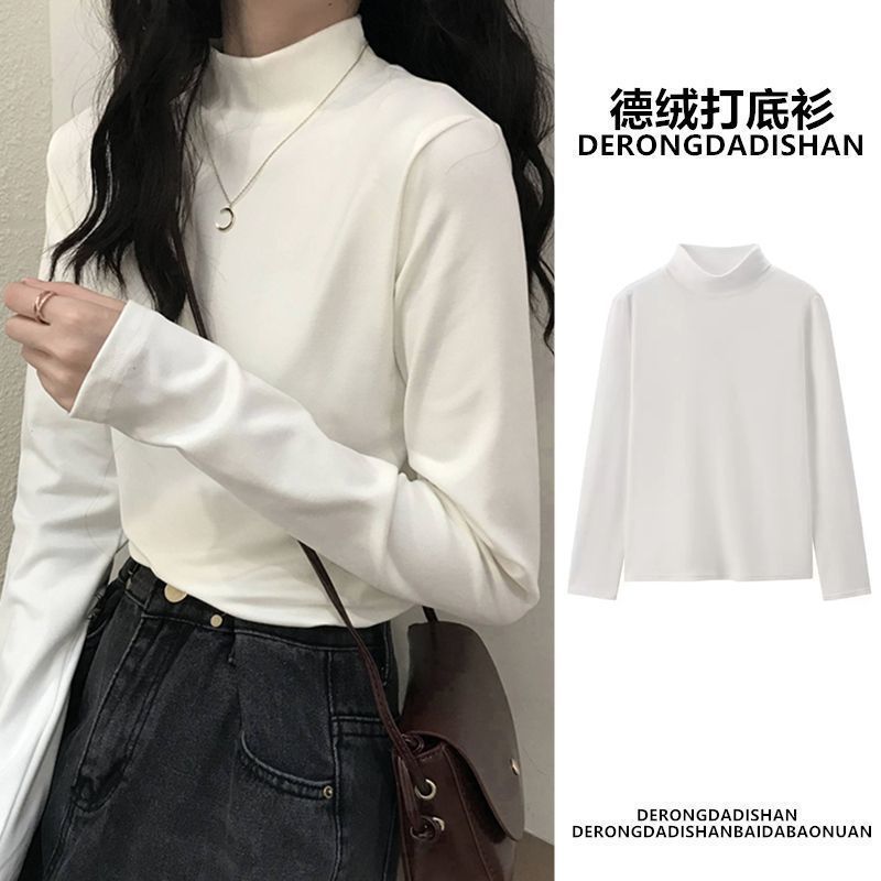 De Velvet Mock Collar Base Shirt Women's Inner Wear Autumn and Winter Inner Wear New Long-sleeved T-shirt Slim Warm Top Wear Outer Wear