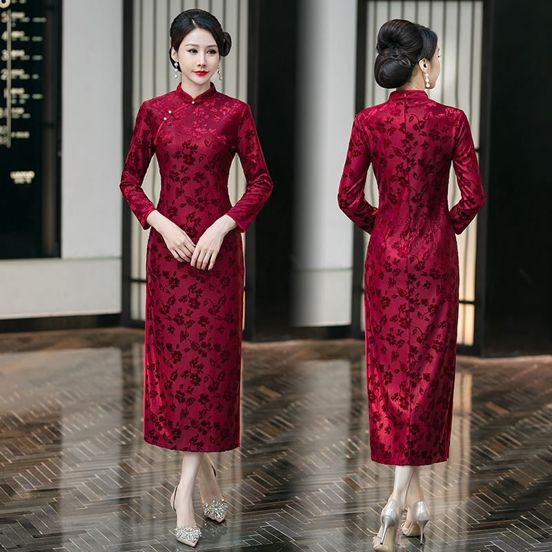 붉은 청삼 신부 결혼식 파티 원피스 슬림핏 높은 허리 중간 원피스 기지 원피스 중년 여성 원피스