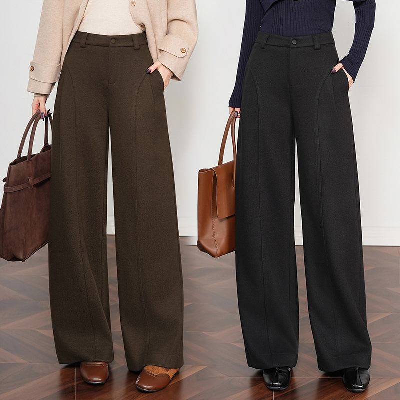 时尚醋酸桑蚕丝羊毛直筒裤女2025秋冬新款高腰显瘦休闲百搭阔腿裤