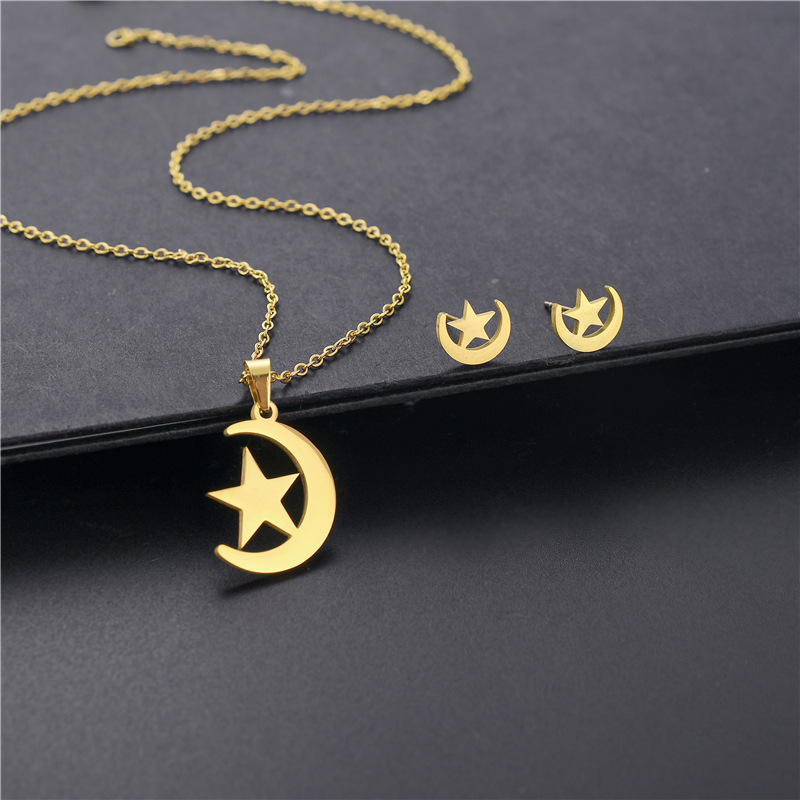 new star necklace earrings set stainless steel star and moon 18K gold-plated two-piece jewelry