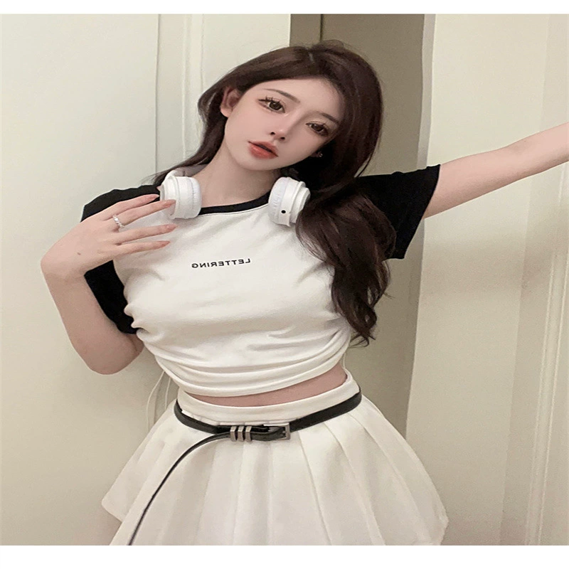 Футболка с коротким рукавом реглан, женская летняя 2023, новая женская одежда, строчка контрастных цветов, Свободный Топ для похудения больших размеров, Модный женский топ