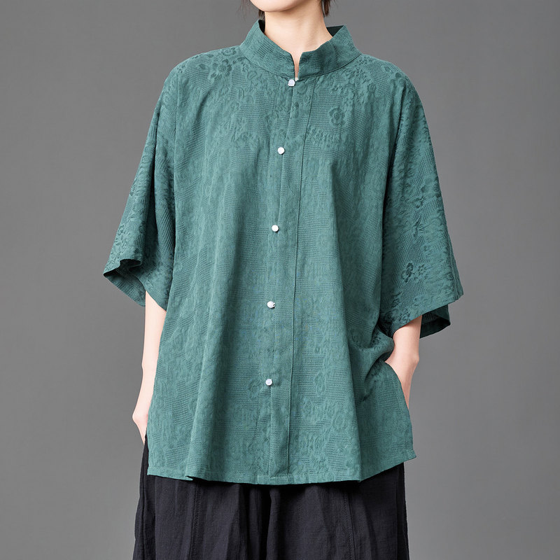 New Chinese Style Stand-Up Collar Textured Loose Stylish Short-Sleeve Shirt for Men, Summer Retro Casual Plus-Size Shirt Trend