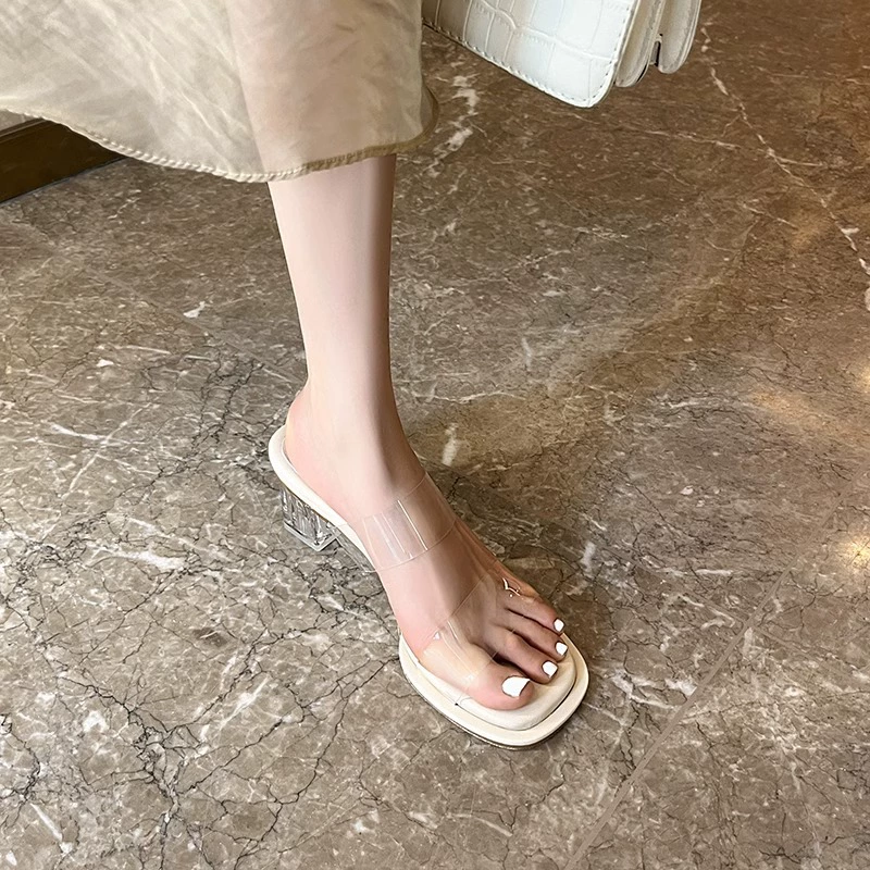 Прозрачные туфли на высоком каблуке для женщин 2024 Весна и лето новые сандалии на толстом каблуке для женщин уличные сандалии на толстом нижнем ремешке