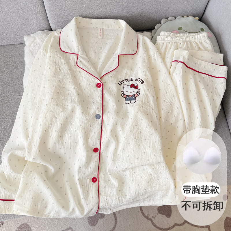 带胸垫黑灰色KT猫睡衣女款春秋季纯棉纱布长袖可爱学生少女家居服|undefined