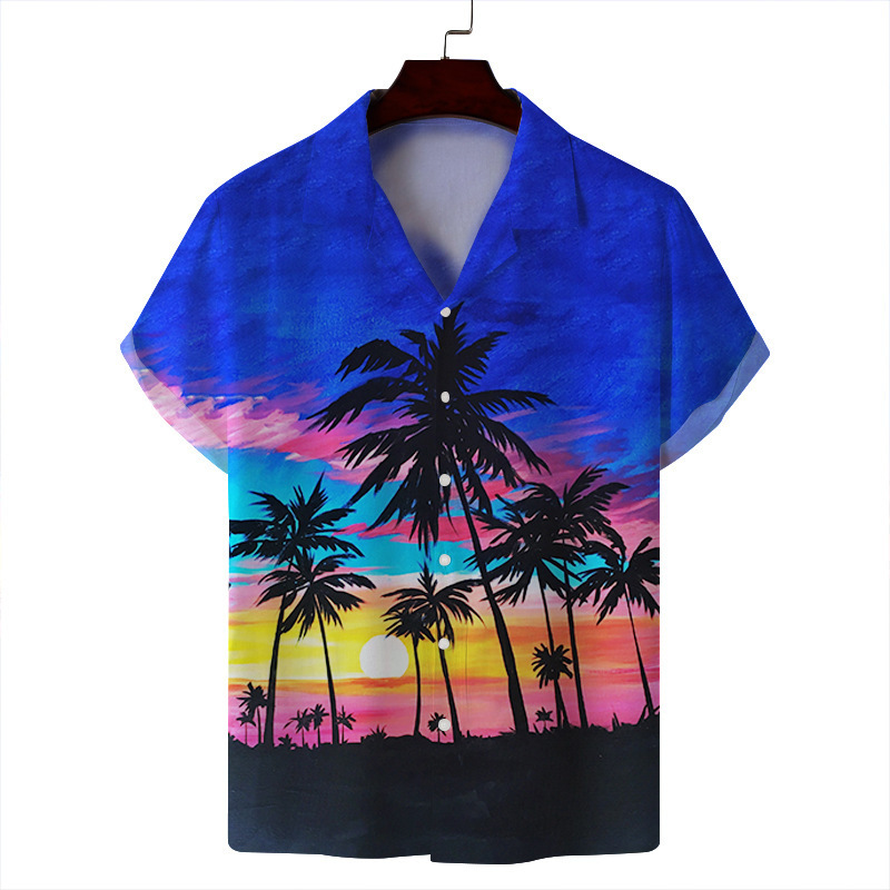 2024 verano hombre delgado casual cuello cubano moda cara hawaiana elástica camisa de manga corta con estampado digital 3D